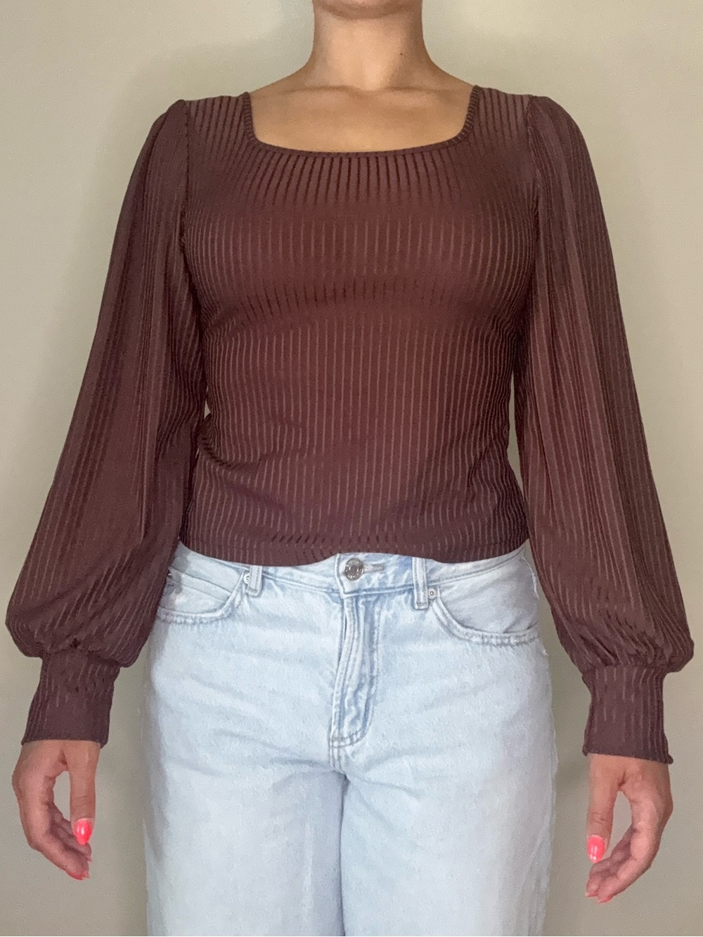 SHEIN Ribbed Square Neck Balloon Sleeve Top - Brown